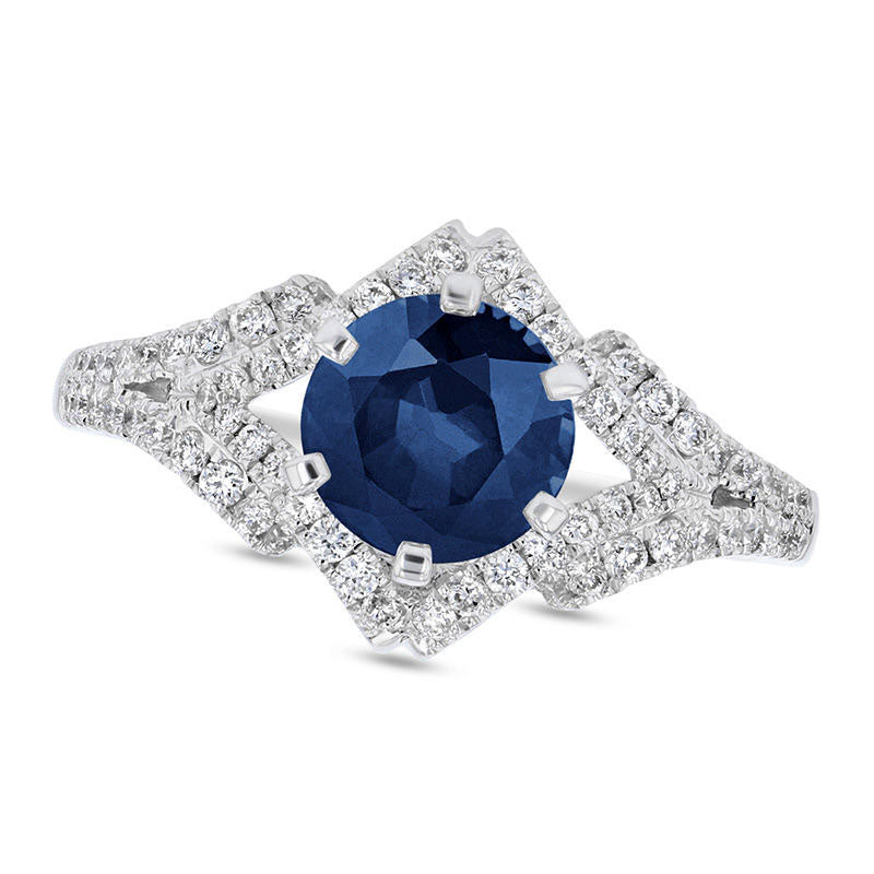 6.5mm Blue Sapphire and 0.38 CT. T.W. Natural Diamond Geometric Frame Split Shank Engagement Ring in Solid 14K White Gold