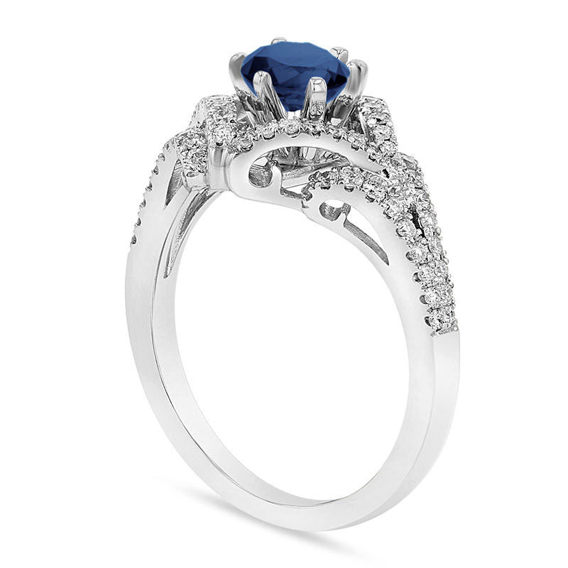 6.5mm Blue Sapphire and 0.38 CT. T.W. Natural Diamond Geometric Frame Split Shank Engagement Ring in Solid 14K White Gold