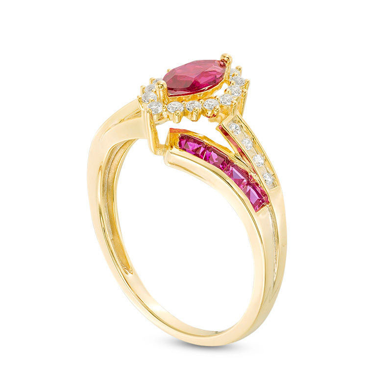 Marquise Ruby and 0.17 CT. T.W. Natural Diamond Double Row Bypass Ring in Solid 10K Yellow Gold