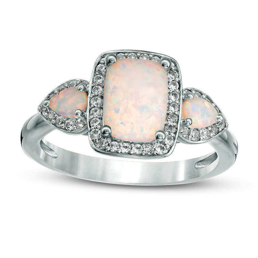 Cushion-Cut Lab-Created Opal and White Sapphire Three Stone Frame Ring in Sterling Silver