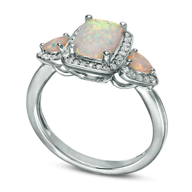 Cushion-Cut Lab-Created Opal and White Sapphire Three Stone Frame Ring in Sterling Silver