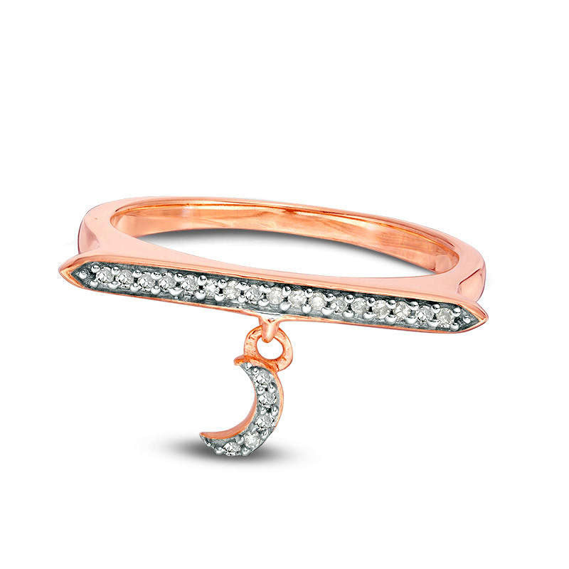 0.10 CT. T.W. Natural Diamond Bar and Crescent Moon Charm Ring in Sterling Silver with Solid 14K Rose Gold Plate