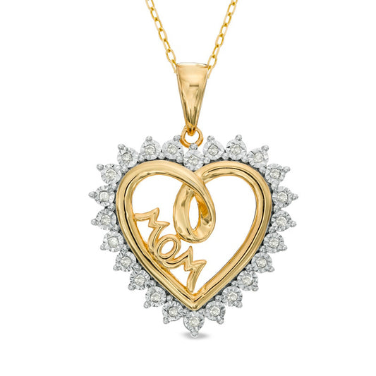 0.1 CT. T.W. Natural Diamond Shadow Heart with "MOM" Pendant in Sterling Silver and 14K Gold Plate