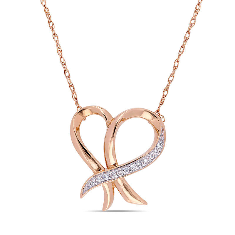 0.05 CT. T.W. Natural Diamond Outline Ribbon Heart Necklace in 10K Rose Gold - 17"