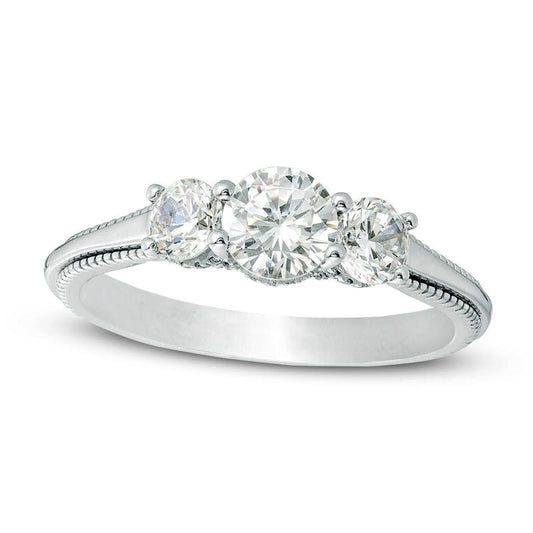 1.0 CT. T.W. Natural Diamond Three Stone Antique Vintage-Style Engagement Ring in Solid 18K White Gold (I/SI2)