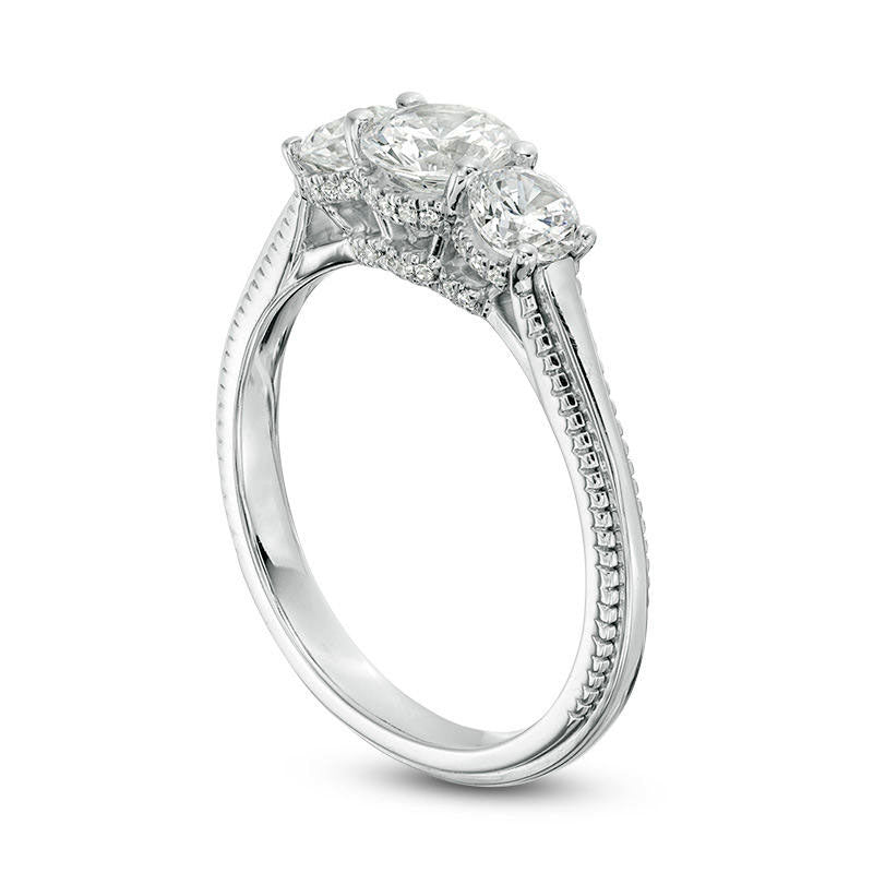 1.0 CT. T.W. Natural Diamond Three Stone Antique Vintage-Style Engagement Ring in Solid 18K White Gold (I/SI2)