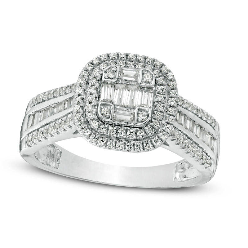 0.75 CT. T.W. Composite Natural Diamond Double Cushion Frame Multi-Row Engagement Ring in Solid 10K White Gold