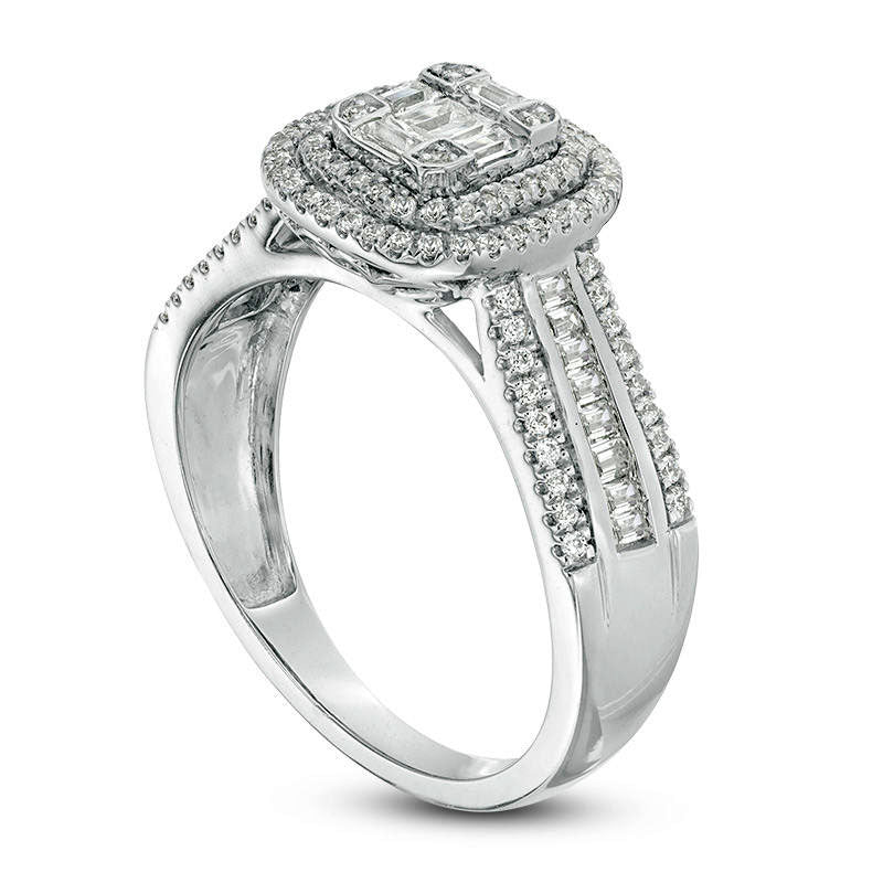 0.75 CT. T.W. Composite Natural Diamond Double Cushion Frame Multi-Row Engagement Ring in Solid 10K White Gold