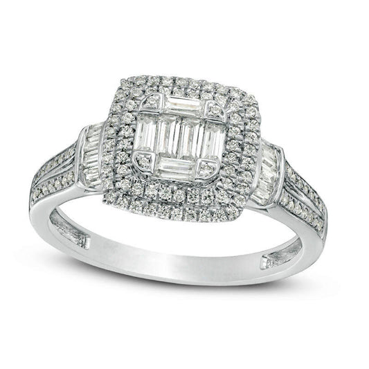 0.63 CT. T.W. Composite Natural Diamond Double Cushion Frame Collar Engagement Ring in Solid 10K White Gold