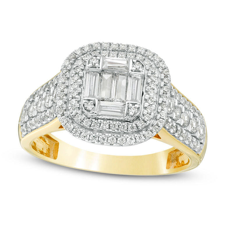 1.0 CT. T.W. Composite Natural Diamond Double Cushion Frame Multi-Row Engagement Ring in Solid 10K Yellow Gold