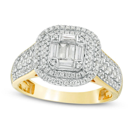 1.0 CT. T.W. Composite Natural Diamond Double Cushion Frame Multi-Row Engagement Ring in Solid 10K Yellow Gold