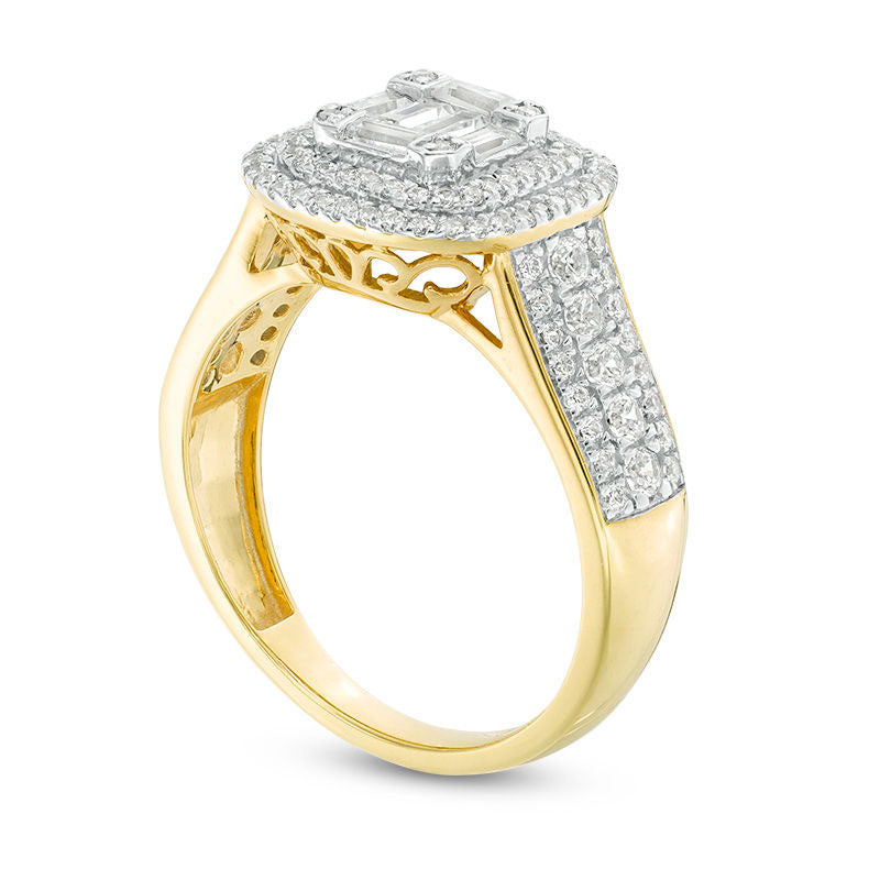 1.0 CT. T.W. Composite Natural Diamond Double Cushion Frame Multi-Row Engagement Ring in Solid 10K Yellow Gold