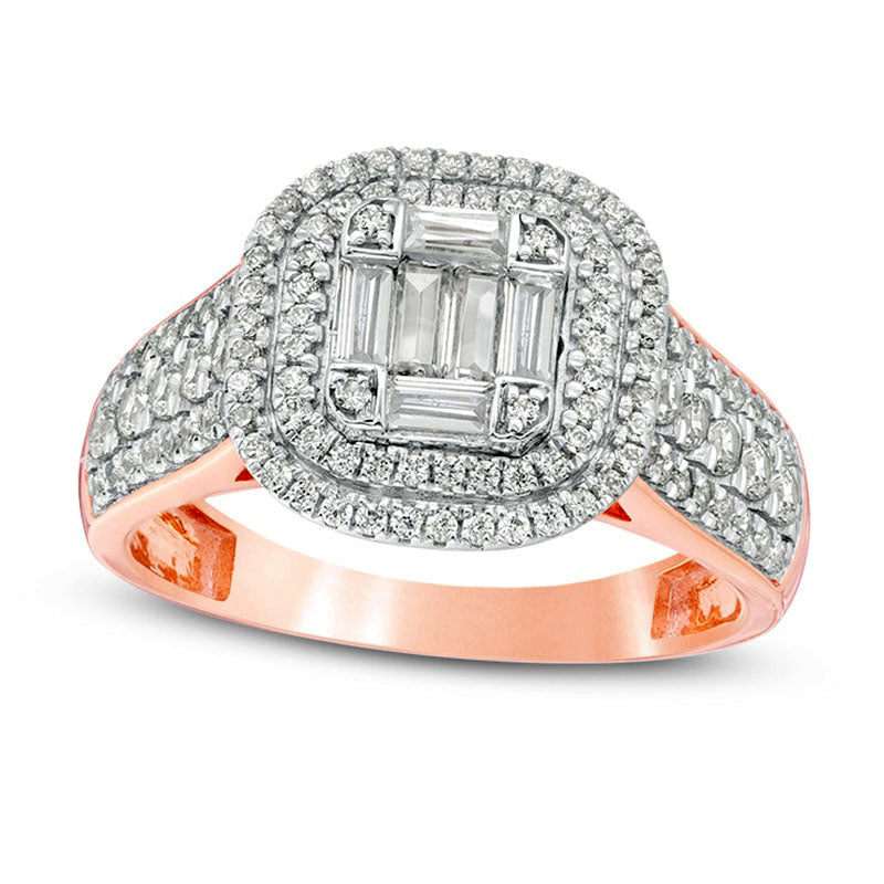 1.0 CT. T.W. Composite Natural Diamond Double Cushion Frame Multi-Row Engagement Ring in Solid 10K Rose Gold