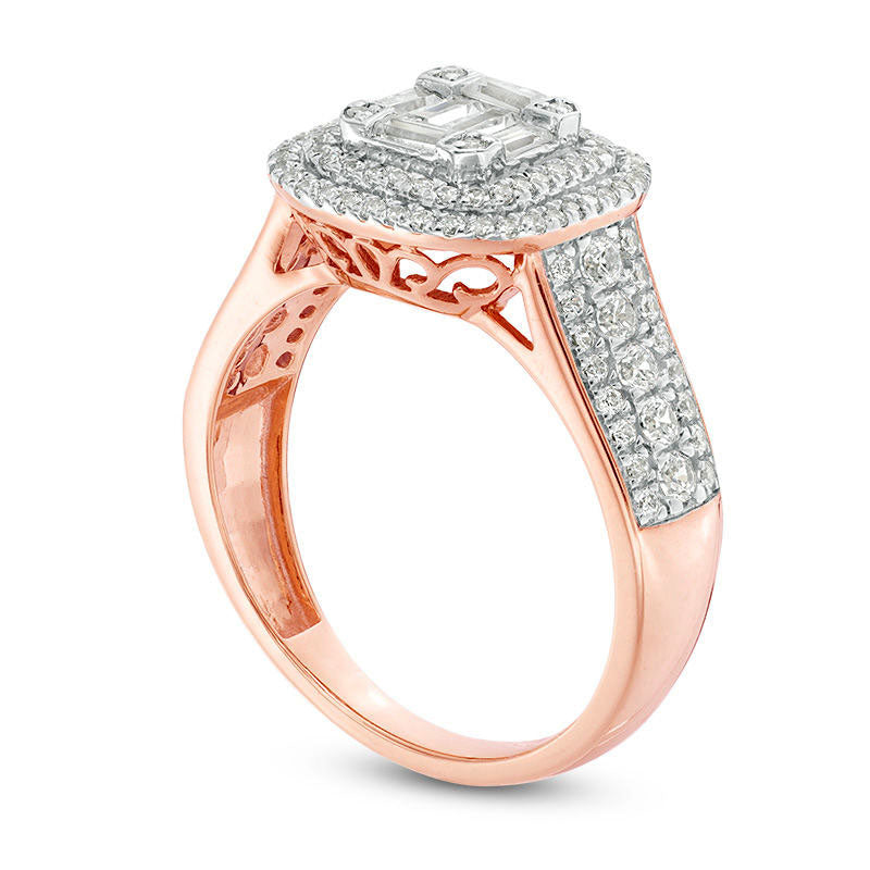 1.0 CT. T.W. Composite Natural Diamond Double Cushion Frame Multi-Row Engagement Ring in Solid 10K Rose Gold