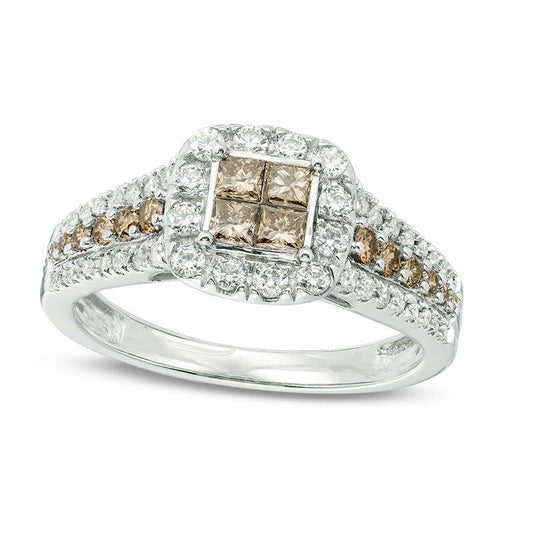 1.0 CT. T.W. Champagne and White Quad Princess-Cut Natural Diamond Frame Engagement Ring in Solid 10K White Gold