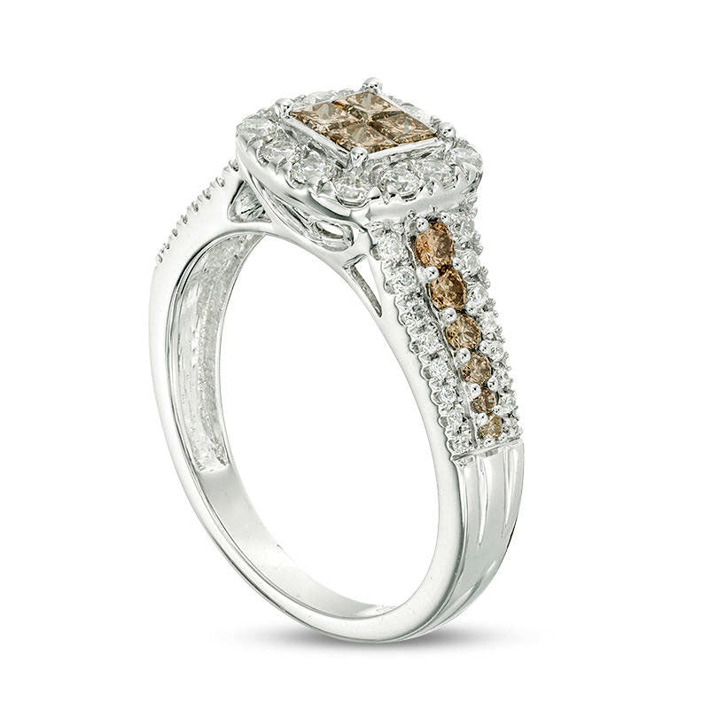 1.0 CT. T.W. Champagne and White Quad Princess-Cut Natural Diamond Frame Engagement Ring in Solid 10K White Gold