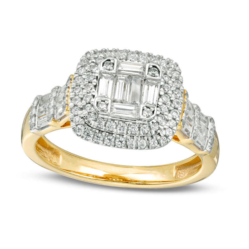 1.0 CT. T.W. Composite Natural Diamond Double Cushion Frame Engagement Ring in Solid 10K Yellow Gold