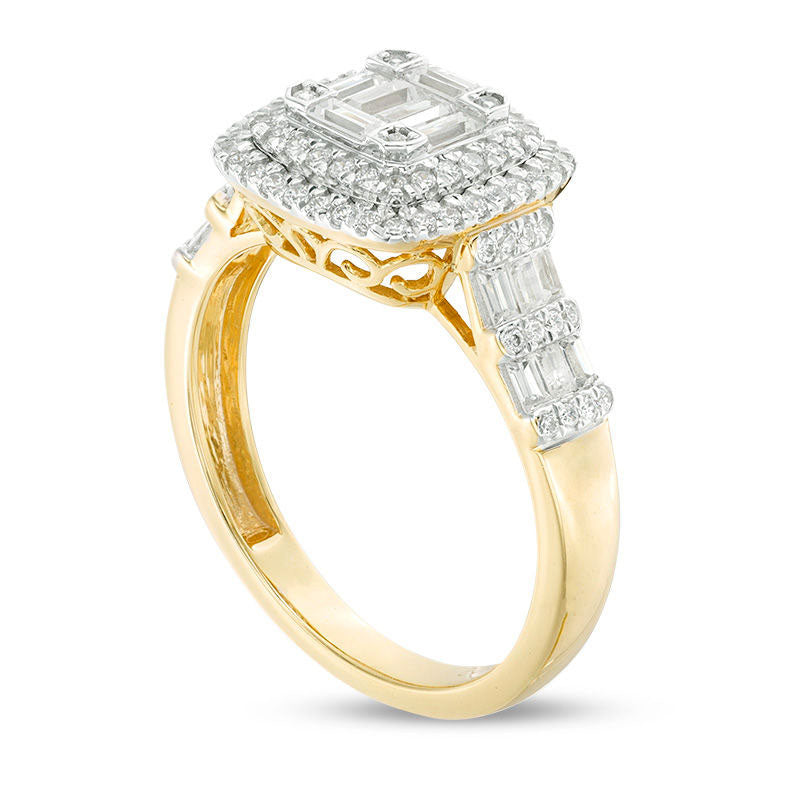 1.0 CT. T.W. Composite Natural Diamond Double Cushion Frame Engagement Ring in Solid 10K Yellow Gold