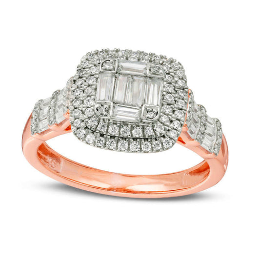 1.0 CT. T.W. Composite Natural Diamond Double Cushion Frame Engagement Ring in Solid 10K Rose Gold