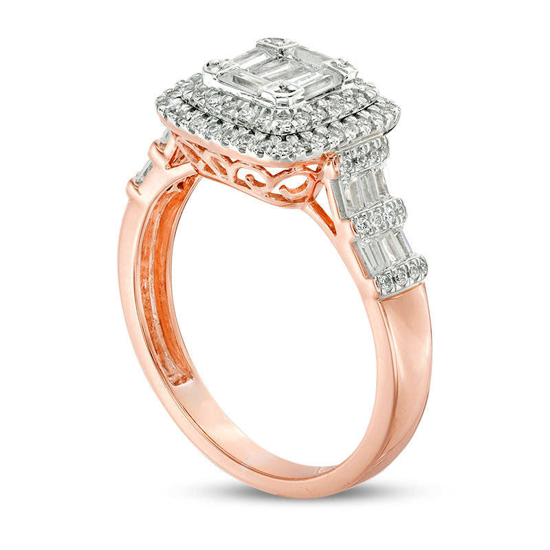 1.0 CT. T.W. Composite Natural Diamond Double Cushion Frame Engagement Ring in Solid 10K Rose Gold