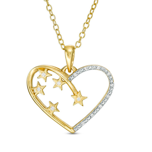 Natural Diamond Accent Heart Outline and Scattered Star Pendant in Sterling Silver with 14K Gold Plate