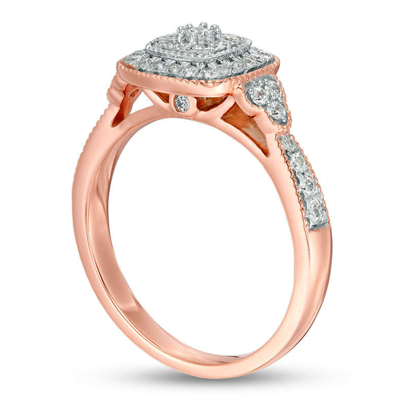 0.50 CT. T.W. Composite Natural Diamond Cushion Frame Tri-Sides Antique Vintage-Style Engagement Ring in Solid 10K Rose Gold