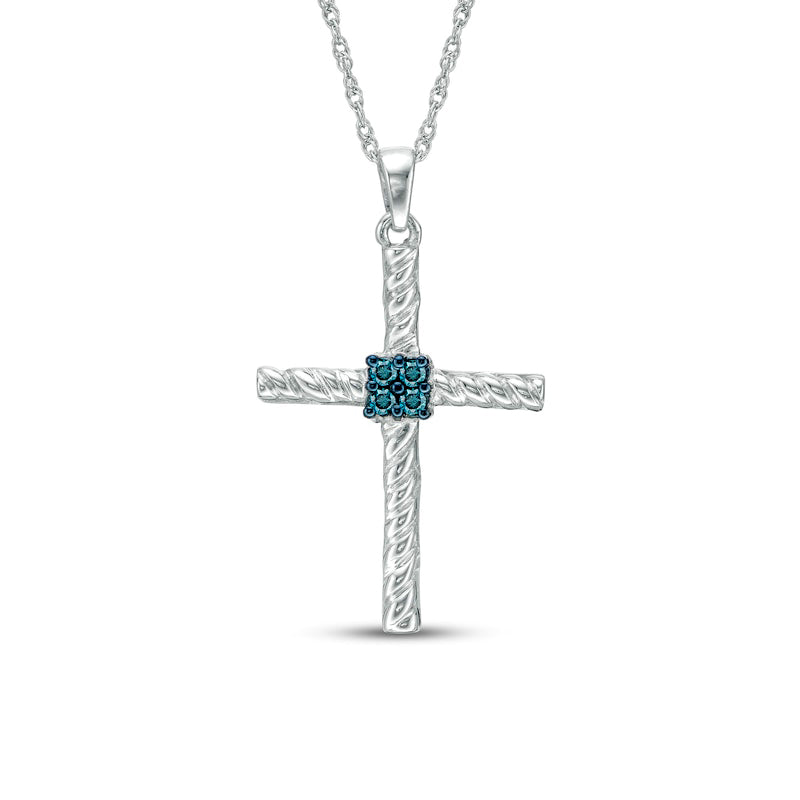 0.1 CT. T.W. Enhanced Blue Quad Natural Diamond Twist Cross Pendant in Sterling Silver