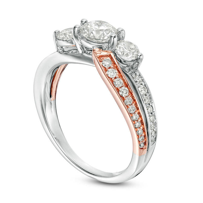 1.0 CT. T.W. Natural Diamond Three Stone Crossover Engagement Ring in Solid 10K Two-Tone Gold