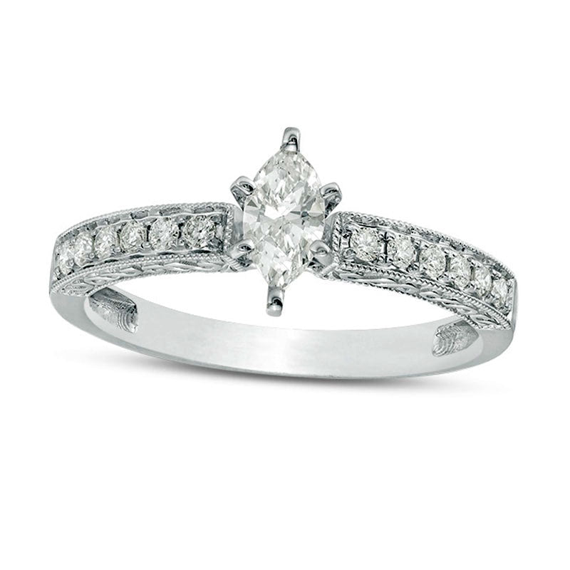 0.50 CT. T.W. Certified Marquise Natural Diamond Filigree Antique Vintage-Style Engagement Ring in Solid 14K White Gold (I/I1)