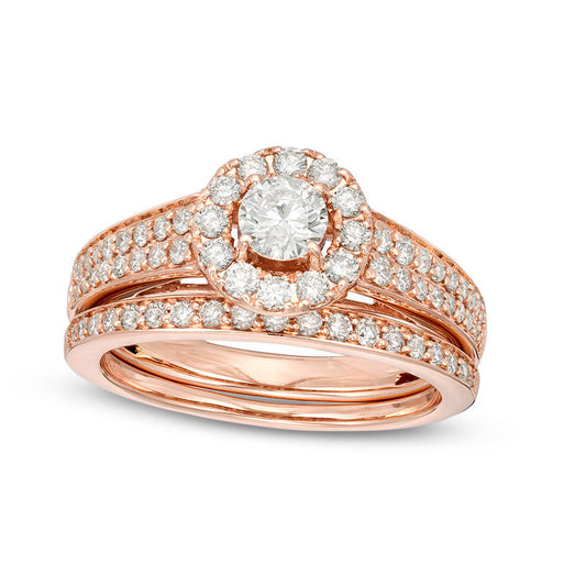 1.0 CT. T.W. Certified Natural Diamond Frame Bridal Engagement Ring Set in Solid 14K Rose Gold (I/I1)