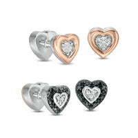 0.13 CT. T.W. Enhanced Black and White Diamond Reversible Heart Stud Earrings in Sterling Silver and 10K Rose Gold