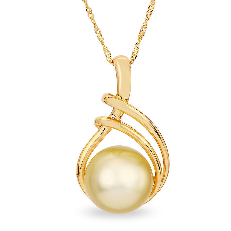 10.0 - 11.0mm Golden Cultured South Sea Pearl Double Loop Teardrop Pendant in 14K Gold