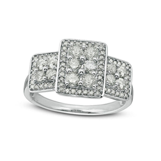 1.0 CT. T.W. Composite Natural Diamond Three Stone Frame Engagement Ring in Sterling Silver