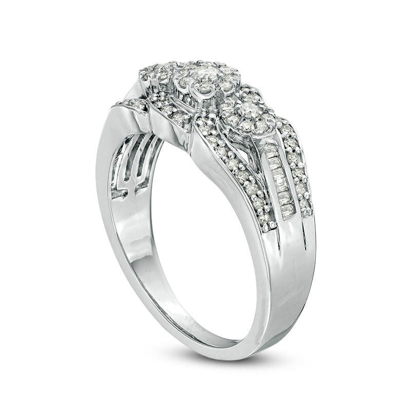 0.50 CT. T.W. Composite Natural Diamond Three Stone Frame Bypass Engagement Ring in Sterling Silver