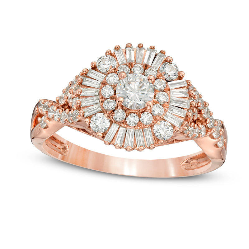 1.0 CT. T.W. Baguette and Round Natural Diamond Sunburst Frame Tri-Sides Engagement Ring in Solid 14K Rose Gold