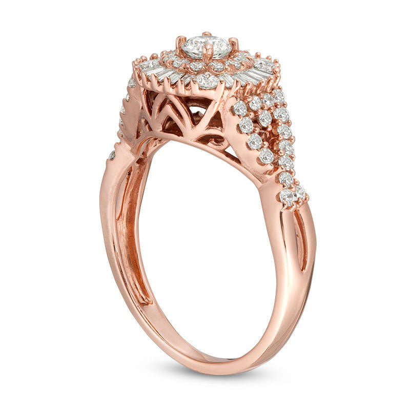 1.0 CT. T.W. Baguette and Round Natural Diamond Sunburst Frame Tri-Sides Engagement Ring in Solid 14K Rose Gold