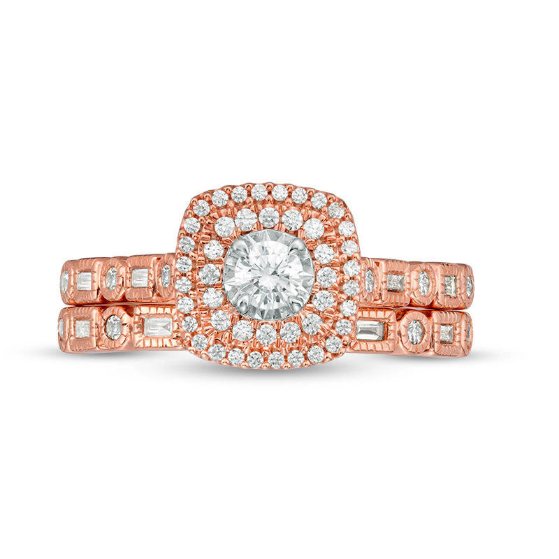 0.50 CT. T.W. Natural Diamond Double Cushion Frame Antique Vintage-Style Art Deco Bridal Engagement Ring Set in Solid 10K Rose Gold