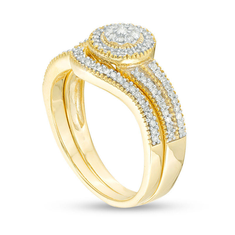 0.33 CT. T.W. Composite Natural Diamond Frame Milgrain Bridal Engagement Ring Set in Solid 10K Yellow Gold