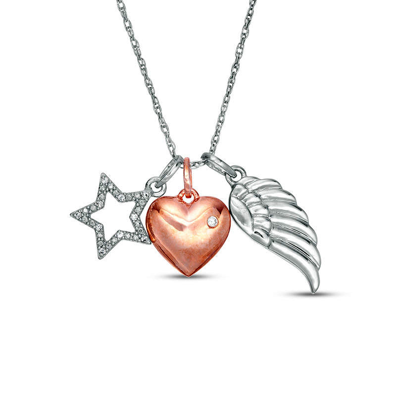 Natural Diamond Accent Wing, Heart and Star Outline Charms Pendant in Sterling Silver and 14K Rose Gold Plate