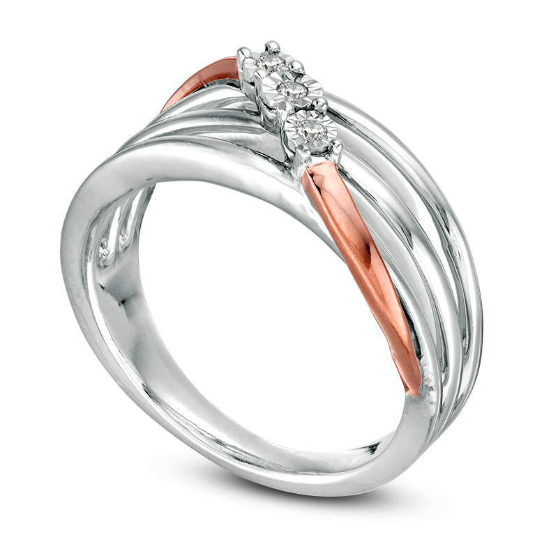 Natural Diamond Accent Three Stone Wave Crossover Open Multi-Row Ring in Sterling Silver and Solid 10K Rose Gold