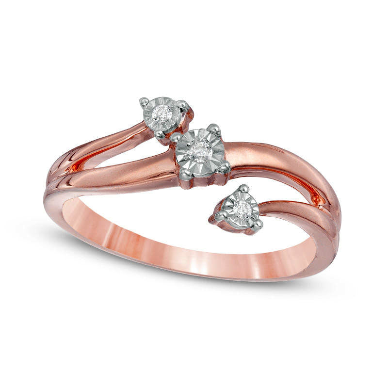 Natural Diamond Accent Three Stone Wave Bypass Ring in Solid 10K Rose Gold