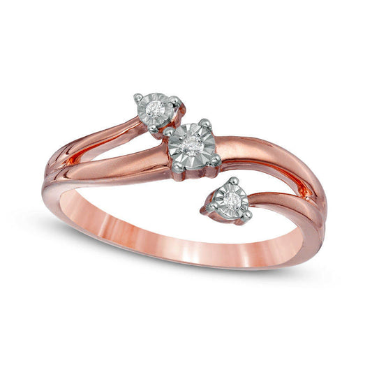 Natural Diamond Accent Three Stone Wave Bypass Ring in Solid 10K Rose Gold