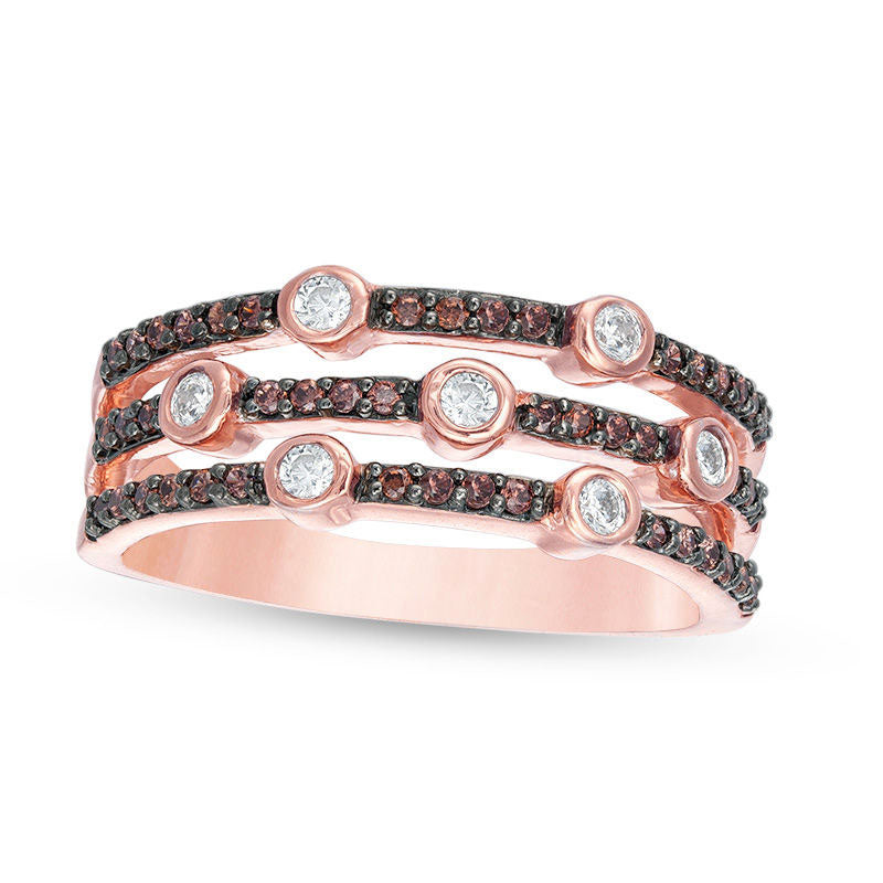 0.38 CT. T.W. Champagne and White Natural Diamond Bezel-Set Station Multi-Row Stacked Ring in Solid 10K Rose Gold