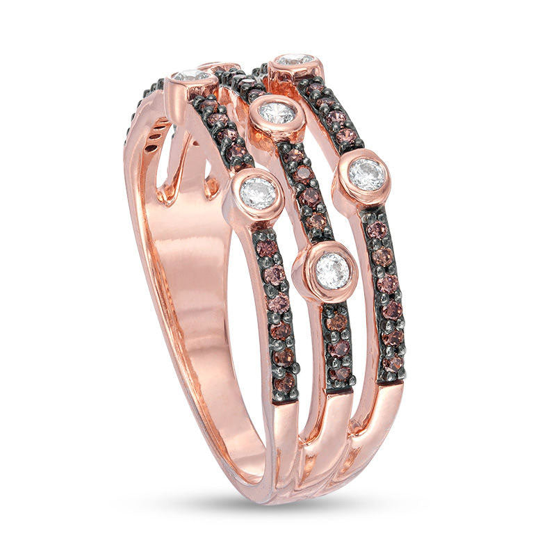 0.38 CT. T.W. Champagne and White Natural Diamond Bezel-Set Station Multi-Row Stacked Ring in Solid 10K Rose Gold