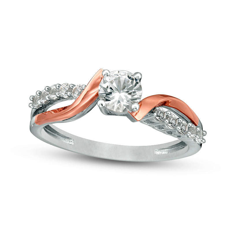 5.0mm Lab-Created White Sapphire Crossover Bypass Ring in Sterling Silver and Solid 14K Rose Gold Plate