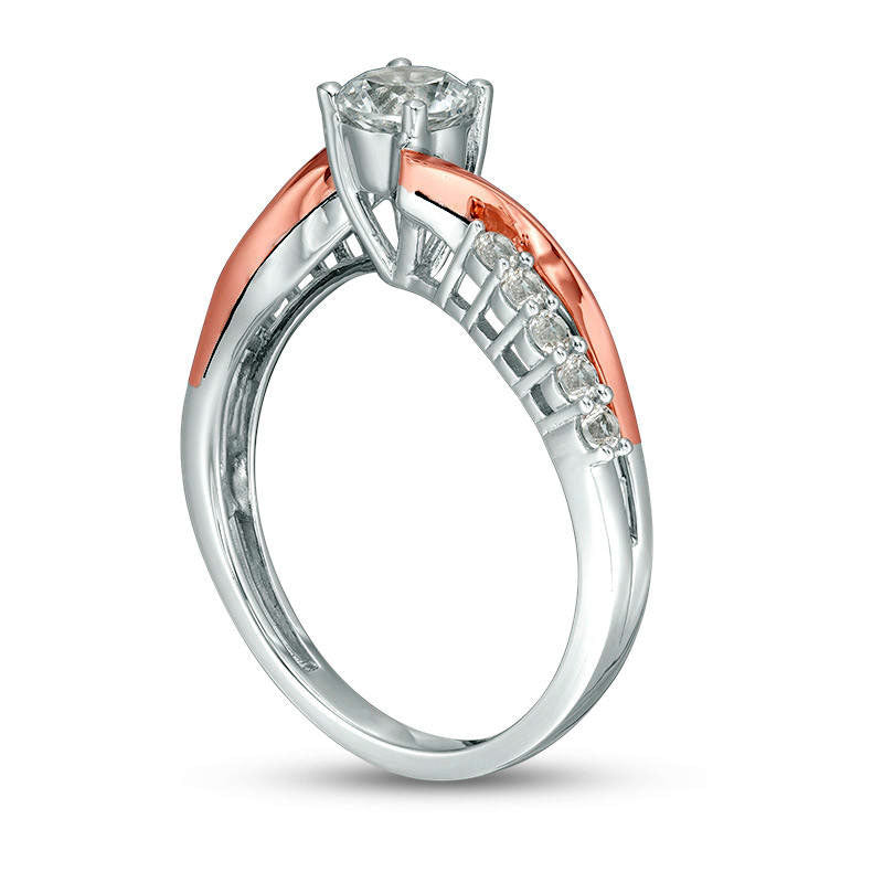 5.0mm Lab-Created White Sapphire Crossover Bypass Ring in Sterling Silver and Solid 14K Rose Gold Plate