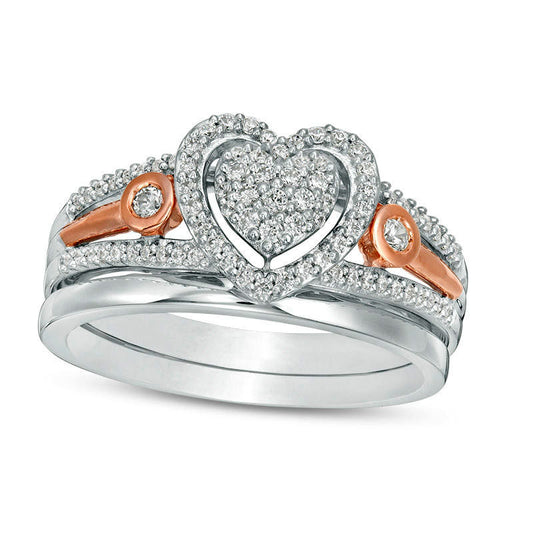 0.33 CT. T.W. Composite Natural Diamond Heart Bridal Engagement Ring Set in Sterling Silver and Solid 10K Rose Gold