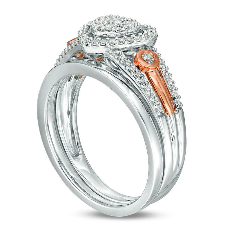 0.33 CT. T.W. Composite Natural Diamond Heart Bridal Engagement Ring Set in Sterling Silver and Solid 10K Rose Gold