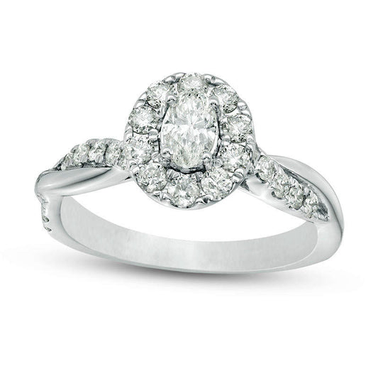 0.88 CT. T.W. Oval Natural Diamond Frame Twist Shank Engagement Ring in Solid 10K White Gold