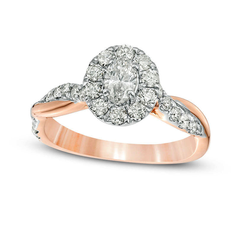 0.88 CT. T.W. Oval Natural Diamond Frame Twist Shank Engagement Ring in Solid 10K Rose Gold